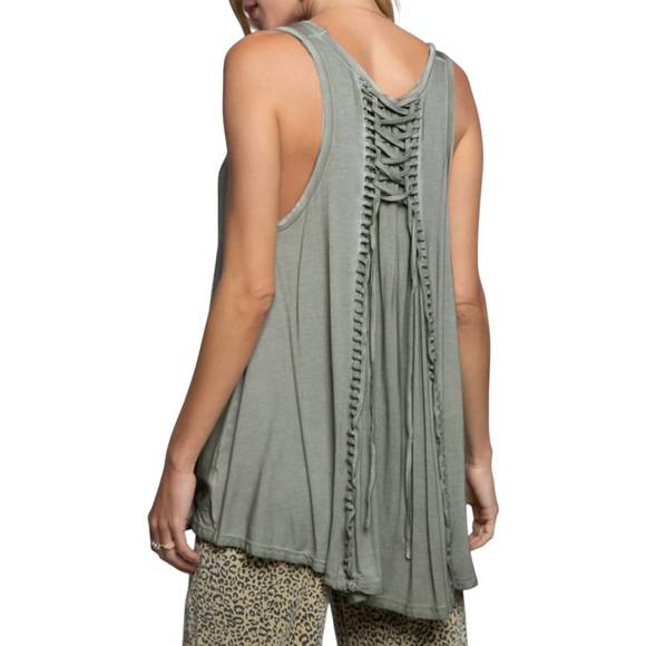 NEW POL babydoll with smocked details top in sage green - Picture 2 of 2
